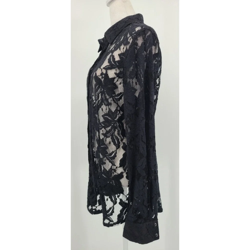 Whimsigoth Lace Ariat Women Top L Button Up Mesh Layering Floral Collar Layering